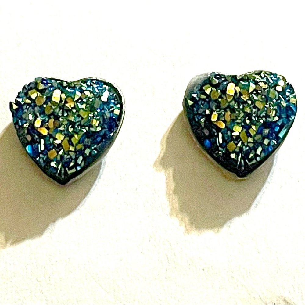 Iridescent Blue & Green Druzy Heart Stud Earrings
